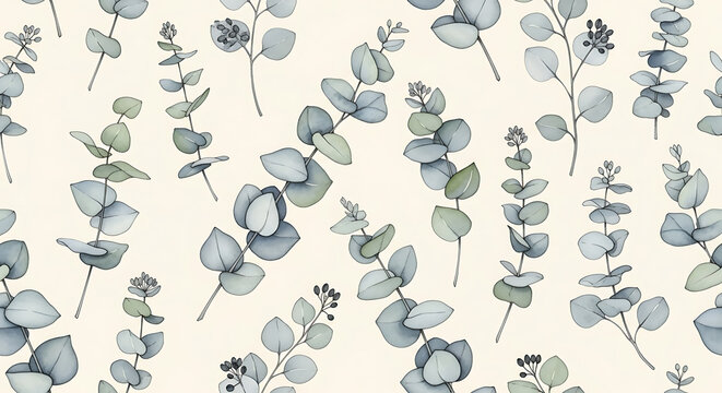 Elegant eucalyptus leaves watercolor seamless pattern, dusty blue gray sage botanical with silver dollar branches, modern minimalist nature illustration background texture