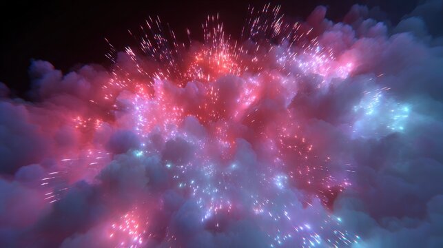 Digital illustration of a fireworks display. the background is black, and the fireworks are bursting in different colors - pink, red, and blue.