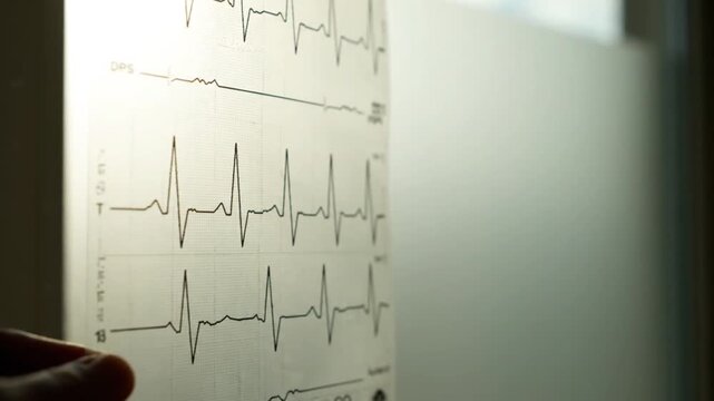 A close-up shot of an EKG printout displaying heart rhythm waveforms, suggesting a cardiac medical analysis or reading session in a clinical setting.