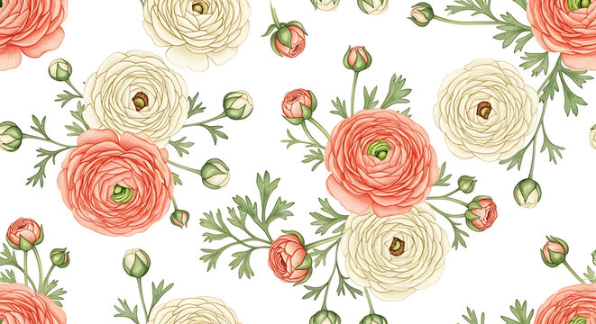 Delicate seamless pattern of peach and coral ranunculus flowers with cream blossoms and green foliage. A soft spring watercolor botanical for backgrounds | seamless pattern with roses - Powered by Adobe