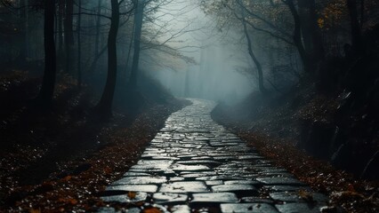 A fog-shrouded stone path winds through a moody autumn forest with falling leaves