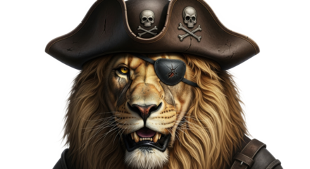 Majestic Lion Wearing Pirate Hat and Eyepatch Embodiment of Courageous Adventure and Fierce Leadership