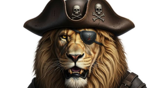 Majestic Lion Wearing Pirate Hat and Eyepatch Embodiment of Courageous Adventure and Fierce Leadership