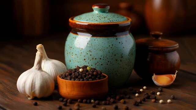 Still life of cooking spices, including garlic cloves, peppercorns, and ceramic jars