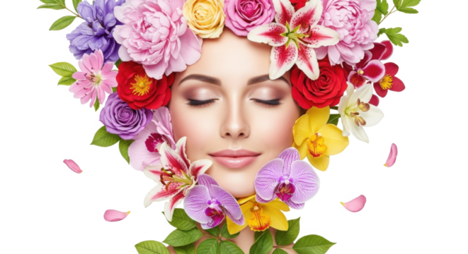 Beautiful Woman Portrait Crowned with Colorful Spring Flowers Showing Serene Expression