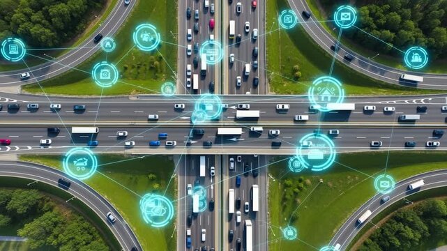 Aerial view of futuristic smart highway traffic flow with glowing digital network icons