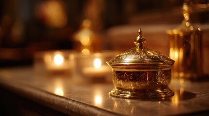 pyx. Golden pyx on church altar illuminated by warm candlelight, shallow depth of field. event programs, museum guides, designed for cultural heritage projects and event programs.