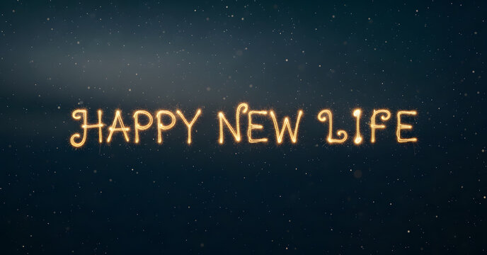 Happy new life text glowing in the dark with scattered stars on a blue gradient background