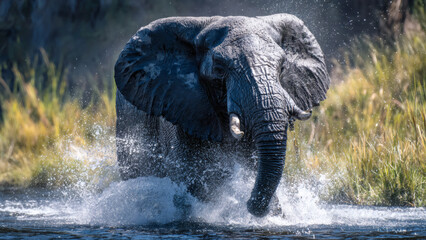 Elephant spraying water with trunk at riverbank