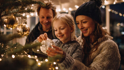 Family decorating christmas tree with ornaments
