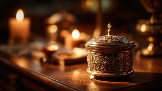 pyx. Golden pyx on church altar illuminated by warm candlelight, shallow depth of field. event programs, museum guides, designed for cultural heritage projects and event programs.