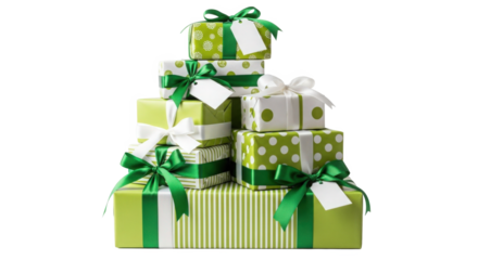 Stack of festive green and white wrapped gift boxes with ribbons and blank tags isolated on black background