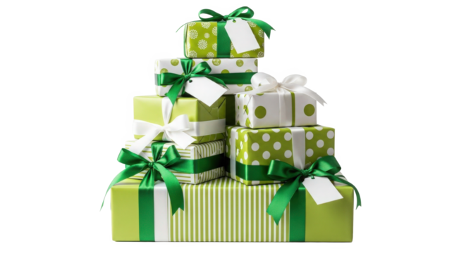 Stack of festive green and white wrapped gift boxes with ribbons and blank tags isolated on black background