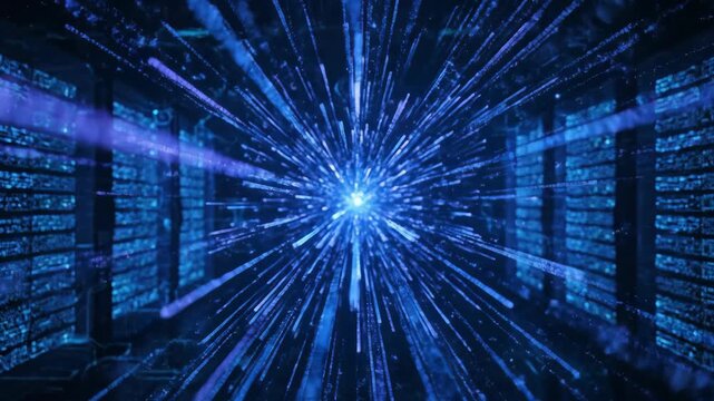 A vibrant burst of blue light radiates from a central point, surrounded by data. Abstract representation of connection and digital infrastructure