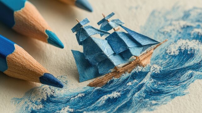 Detailed artistic sketch of a sailing ship made from folded paper, floating on pencil-drawn waves. Represents imagination and childhood dreams, hand-drawn on white background.