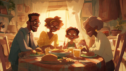 Family laughing together around dinner table, warm lights