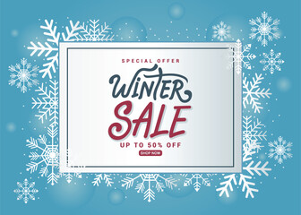 Winter sale special offer banner and poster template with snowflakes, icy accents, and a stylish frame. End of season shopping promo. Shop now. Vector illustration.