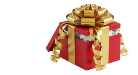 Red Gift Box Tied With Gold Ribbon Open Showing White Tissue Paper Surprise Isolated On Black