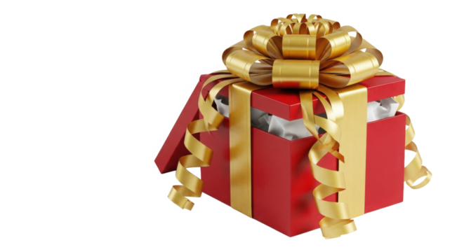 Red Gift Box Tied With Gold Ribbon Open Showing White Tissue Paper Surprise Isolated On Black