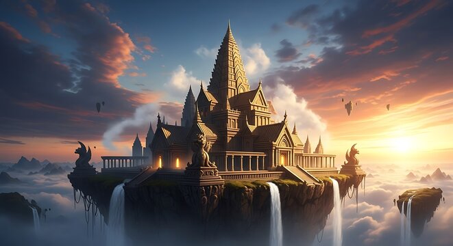 Majestic fantasy castle on a floating island at sunset.
