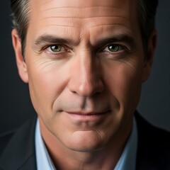 Fototapeta premium Close up portrait of a man with green eyes wearing a suit and light blue shirt on a dark background