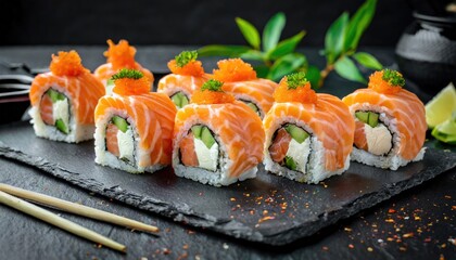 Salmon sushi rolls on a dark background. Generated with AI