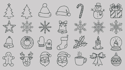 Assortment of Hand Drawn Christmas Themed Illustrations Festive Holiday Season Line Art Collection for Graphic Designers and Celebratory Projects
