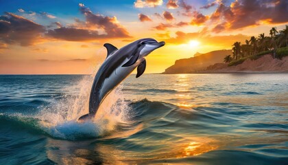 Playful dolphins jump out of the sea. Generated with AI