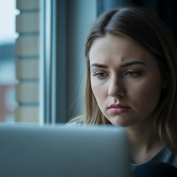 A young woman with a concerned expression is looking at a laptop near a window with natural light