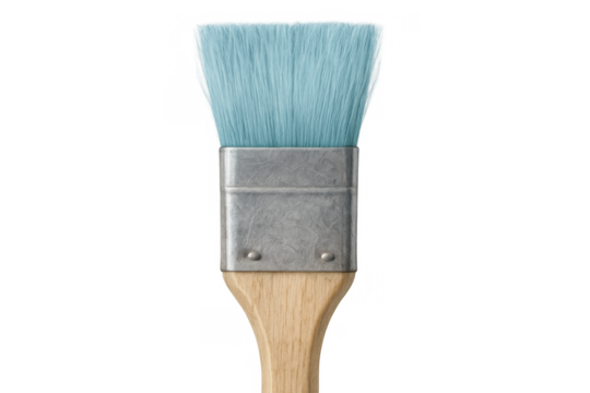 Paintbrush with blue bristles and wooden handle, a flat art tool for creative projects on a clear background