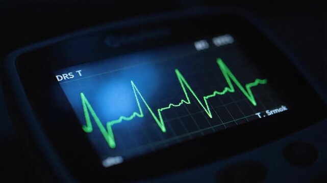 A screen displays a bright green ECG trace, capturing the heart's electrical rhythm on a monitor in a dark medical environment, illustrating continuous patient vital sign monitoring.