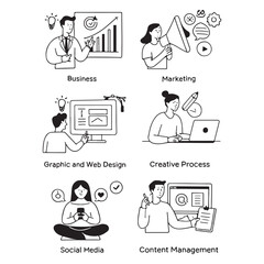 Set of people vector illustrations in various activities of business, marketing, creative process, graphic and web design, social media, content management.
