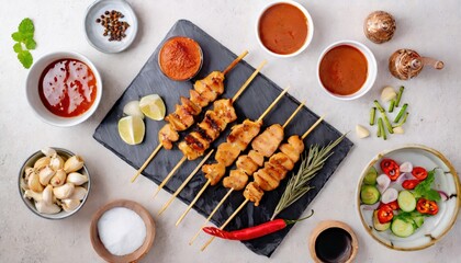 Top view of meat on the grill, chicken satay skewers topped with sauce. Generated with AI
