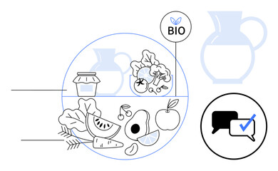 Selection of fruits, vegetables, grains, and jar in minimalist style with bio label and chat bubble checkmark. Ideal for wellness, organic farming, diet, food quality, feedback nutrition healthy