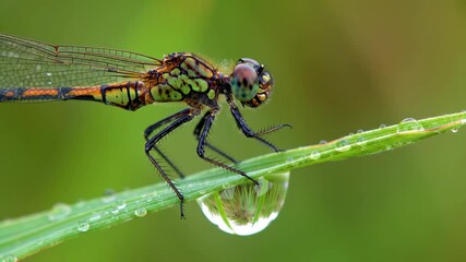 Dragonfly perched on grass with water droplets, soft green background, suitable for nature content