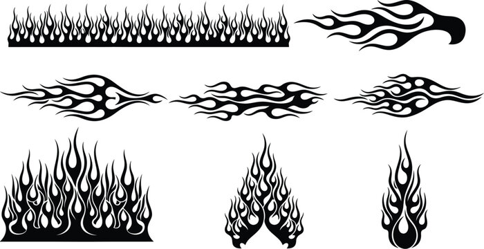Collection of black and white flame graphics and fire decals for automotive and design projects