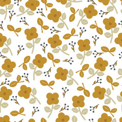 Pattern with hand drawn fall flowers, leaves and berries on white background. Vector illustration with flowers and leaves for wrapping paper, fabric, clothes.