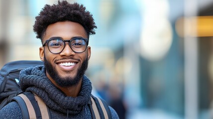 Obraz premium A man with glasses and a beard is smiling and wearing a backpack. He looks happy and confident