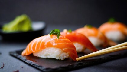 Fresh salmon sushi with chopsticks. Generated with AI