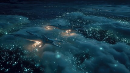 Sci-Fi Marine Creatures Swimming Through Glowing Ocean Clouds Under Starry Sky