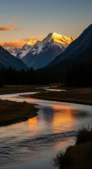 Winding River Reflecting Sunset Light on Snow-Capped Mountain Peaks in Valley
