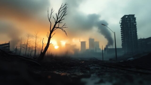 Apocalyptic Cityscape: A haunting urban panorama reveals the aftermath of a catastrophic event, showcasing the desolation of a once-vibrant city, framed against a foreboding sky.
