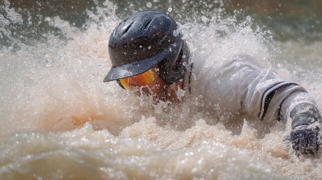 Baseball player in action during a game. the player is wearing a black helmet and a white jersey with orange stripes. he is in the middle of a turn, with his body partially submerged in the water.