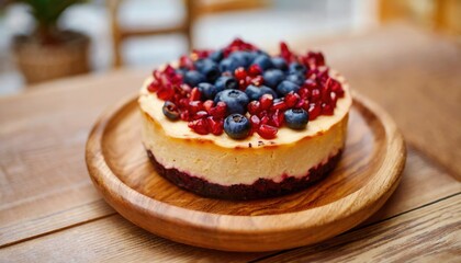 Cheesecake with blueberries and pomegranate on a wooden plate. Generated with AI