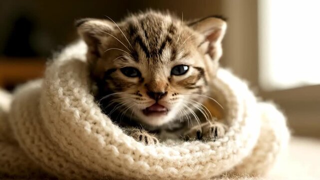 A cozy kitten snuggled inside a warm, cream-colored knitted blanket. Its eyes focus in the camera