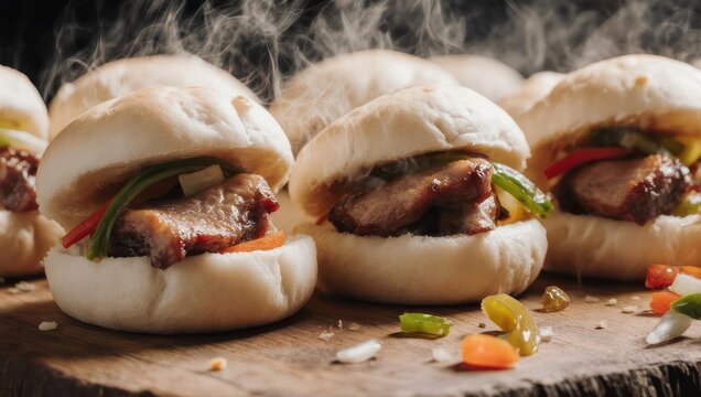 Close-up of steamed buns filled with meat and vegetables, some with visible steam