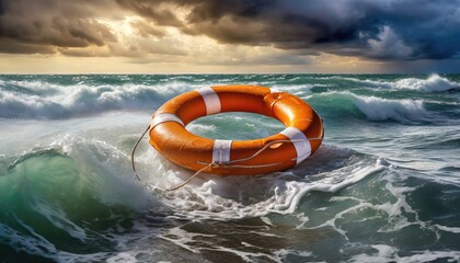 A lifebuoy, floating serenely on the vast expanse of the splashing sea. Generated with AI