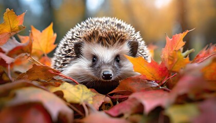 A hedgehog peeking out of autumn leaves. Generated with AI