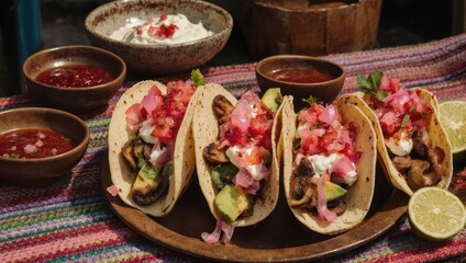 Close-up of tacos with toppings, sauces, and lime on a decorative cloth