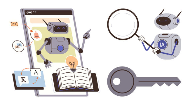 Robots with magnifying glass, tablet, book, email, key highlight AI in education, research, data, translation automation cybersecurity and innovation. Ideal for simple flat metaphor